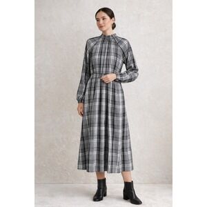 Plaid Smocked Midi Dress Black White Cottagecore Modest Long Sleeve Size M NWT